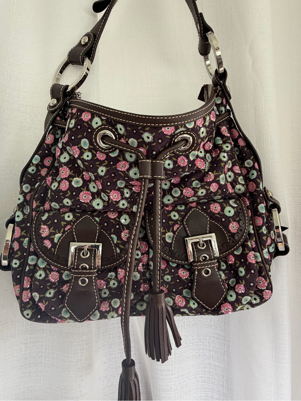 Isabella Fiore Floral Corduroy Shoulder Bag Brown Drawstring Tassel Y2K Boho